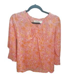 Oh Mama Womens Sz M Orange Pink Floral 3/4 Sleeve Blouse